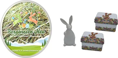 Produktbild von Keramik Hase 12 x 5 cm plus 2 Metalldosen 103 x 75 x 60 mm   plus Bergwiesen Heu