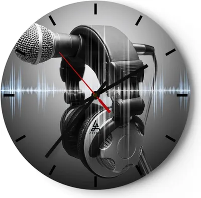 Produktbild von Wanduhr - Rund - Glasuhr - Audio Mikrofon Musik Studio - 30x30cm - Schleichendes Uhrwerk - Lautlos - zum Aufhängen bereit - Dekoration Modern - Wanddekoration aus Glas - C3AR30x30-2549