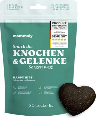 Produktbild von mammaly Grünlippmuschel Hunde Leckerli Happy HIPS Test Set (110g) Gelenktabletten mit Probiotika für Hunde (unterstützt Arthrose-, Gelenk- & Knochen)