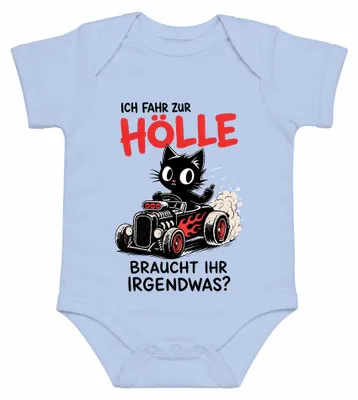 Imagen del producto de "Me voy al infierno, ¿necesitan algo?" (Frase sarcástica). Body para bebé, color azul claro, talla 12/18 meses