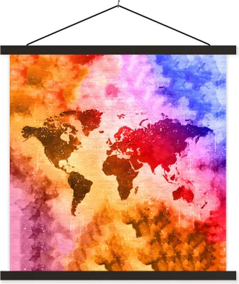 Produktbild von MuchoWow® Textilposter Weltkarte - Farben - Abstrakt 90x90 cm mit schwarzem Rahmen - Magnetisches