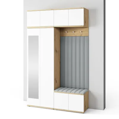 Produktbild von Garderoben-Set Aura Version 9: Kleiderschrank mit Polsterpaneelen, Schuhschrank Flur und Eingangsbereich (weiß/Artisan-Eiche /Trinity 14)