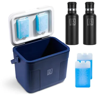 Produktbild von Brisby Kühlbox – Frigobox – 22 l – Blau – Bis zu 40 Stunden Isolierung – Inkl. 4 dicker 450-ml-Kühlelemente – Kühlelemente im Deckel verriegelt – und Brisby 500-ml-Thermosflasche (schwarz, doppelwandig)