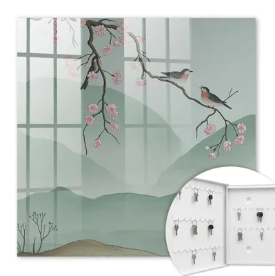 Produktbild von Metall Schlüsselkasten 30 x 30 cm - weißer Schlüsselschrank zur Wandmontage - wandhängende Schlüsselbox mit Tür - nach links öffnend - Schlüsselaufbewahrung für Flur - Büro - Arbeitszimmer - Werkstatt - Garage - Vögel und Blumen