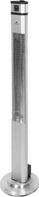 A silver tower heater with a black base and control panel, shown against a white background.