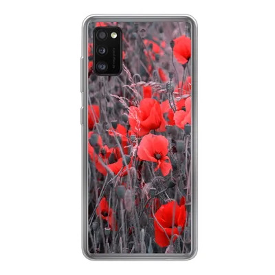 Produktbild von MuchoWow® Handyhülle Schutzhülle Hülle für Samsung Galaxy A41 Rote Mohnblumen in einem Schwarz-Weiß-Bild Silikon Softcase Handy Hülle - Mobiltelefon