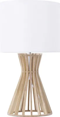 Produktbild von BELIANI Tischlampe Weiß Holz 37 cm runder Stoffschirm Lampenfuß in Gitteroptik Kabel mit Schalter Landhausstil