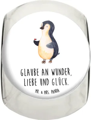 Produktbild von Mr. & Mrs. Panda Vorratsdose Glas Pinguin Marienkäfer L 870ml - Weiß - Geschenk, Kaffeedose, Liebe, Vorratsbehälter, Aufmerksam, Glück, glasbehälter, Bonboniere, Freude