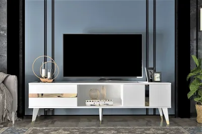 Produktbild von Skye Decor, Vania - White, Gold, Fernsehtisch, Weiß, 100 % MELAMINBESCHICHTETE SPANPLATTEN, 150 x 50 x 29,6 cm