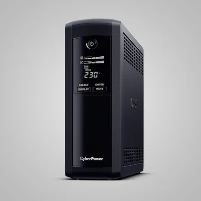 A black CyberPower uninterruptible power supply (UPS) unit is shown against a light gray background.