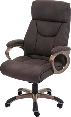 A dark gray office chair with bronze accents is shown against a white background.