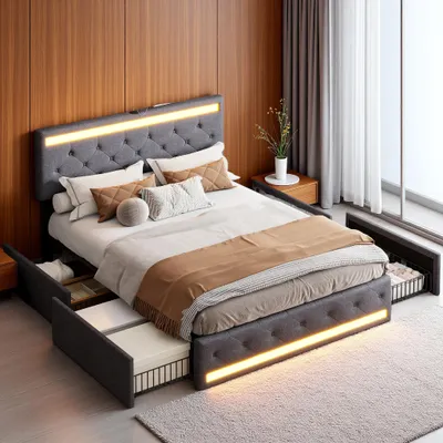 Image de INONEFT, lit capitonné 180x200 cm, lit à lattes moderne avec LED et ports USB, lit double avec 4 tiroirs de rangement, sans matelas, tissu lin gris foncé