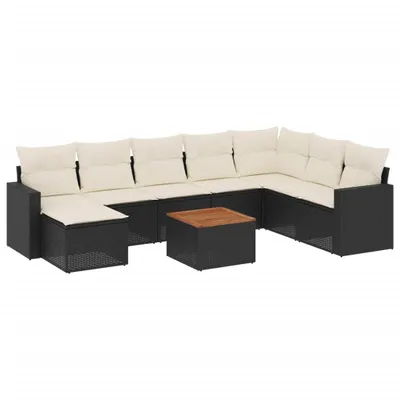 Produktbild von Modulares Garten-Sofaset, 9-teilig, mit Stauraum, PE-Rattan Schwarz, Akazienholz-Tisch, Cremeweiße Kissen, UV-beständig
