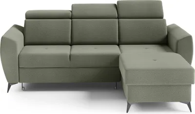 Produktbild von Minimalistische, Ecksofa mit Schlaffunktion und Bettkasten, Universale Ecke, Ottomane links als auch rechts montierbar  -Wohnlandschaft, Couch für Wohnzimmer, Schlafsofa, Eckcouch L-Form  Sofagarnitur, Sofa  - Ecksofa TESLIN I Olive (Element 11)