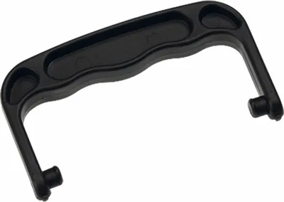 A black plastic handle for a dog transport box.