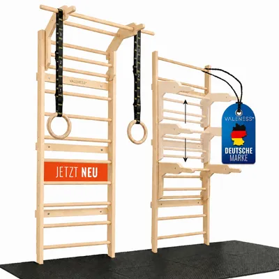 Produktbild von VALENESS® NEU Sprossenwand aus Holz mit Klimmzugstange, Dip-Station & 2 Turnringen – höhenverstellbar, für Erwachsene & Kinder