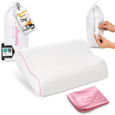Image de Coussin de voyage, 35x30x10/8 cm, en mousse à mémoire de forme, support cervical orthopédique, couleur rose, idéal pour les déplacements