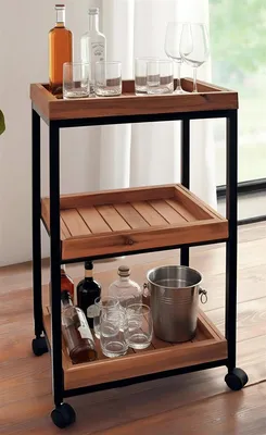 Produktbild von Servierwagen mit Rollen, 3 Böden aus Akazien-Holz & Metall Gestell, schwarz, Küchenwagen im Industrial Style, Küchenrollwagen, Rollwagen