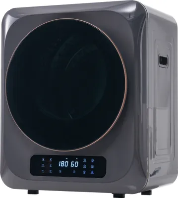 A front view of a compact, gray clothes dryer with a black glass door and a bronze trim.