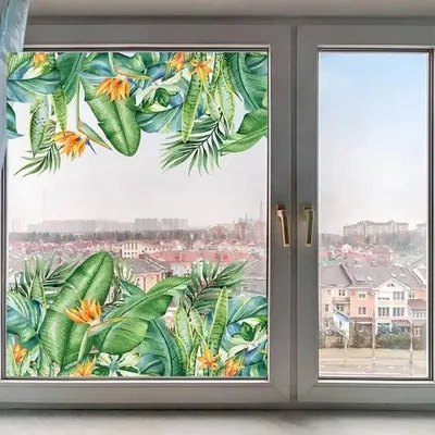 Zdjęcie produktu dla Duża tropikalna dekoracja do pomieszczeń z motywem kwiatów i liści, 118 x 39 cm – duży zielony liść, dekoracja na drzwi przesuwne