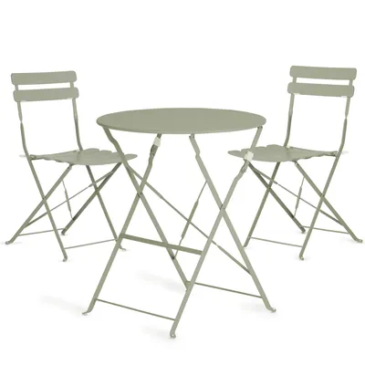 Produktbild von Vanage I Bistro Set I Balkon grün, Balkonmöbel klappbar, Set 3-teilig, pulverbeschichteter rostfreier Stahl, wetterbeständig, wasserfest, Besteht aus 1 x runder Tisch und 2 x Stühlen, Metall, für Balkon, VG-6934