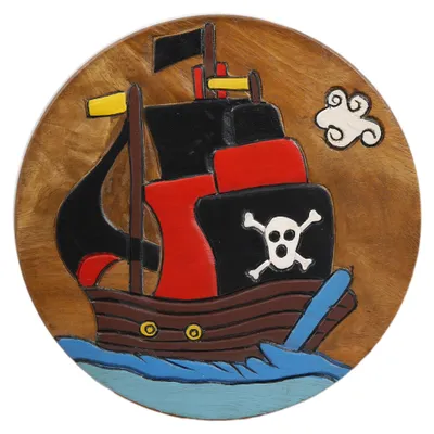 Produktbild von Tokoindah Kinderhocker Piratenschiff – Schemel aus Massivholz, in Handarbeit gefertigt & bemalt, runder Sitzhocker fürs Kinderzimmer
