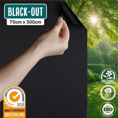 Produktbild von Unyqoos® Homewell® Verdunkelungsfolie 70×300 cm – statisches PVC, wiederverwendbar, 100% lichtdicht, schwarz, Sonnenschutz & Sichtschutz für Fenster