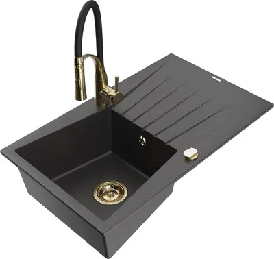 Produktbild von Mexen Cesar 1 Becken-Granitspüle mit Abtropffläche und Mischbatterie Aster, Schwarz gesprenkelt - 6514-76-73450-57-G