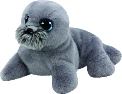 A plush toy seal is shown lying down on a white background.