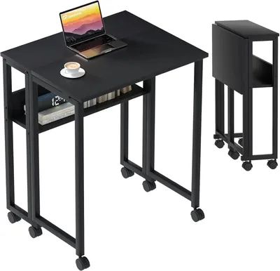 Produktbild von Klappbarer Schreibtisch - Computertisch mit Rollen - 80 x 58 cm - Ablageboden - U-förmig - Schwarz
