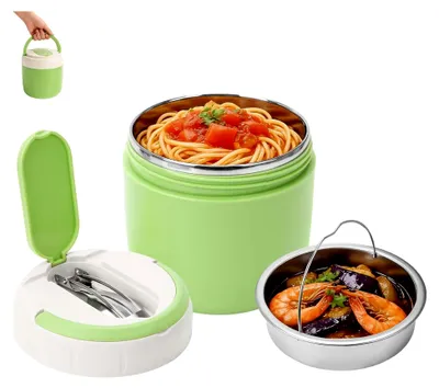 Produktbild von Edelstahl Thermo-Lunchbox mit 1300 ml und faltbarem Besteck | Warmhaltebehälter für Mittagessen, Picknick, Schule und Büro