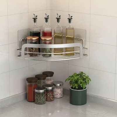Produktbild von Eck-Badezimmer-Organizer: 2er-Set Edelstahl-Duschablagen mit 4 Haken, selbstklebend, rostfrei (Wandregale für Dusche, Eckablage für Dusche)