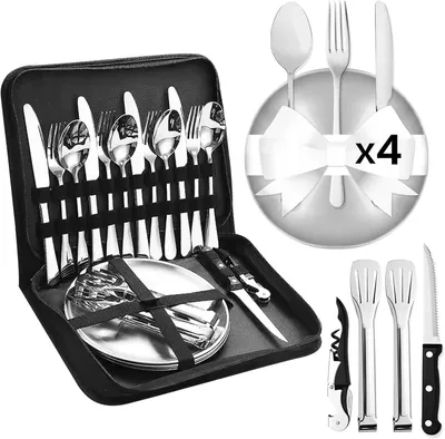 Produktbild von Camping Besteckset 4 Personen, mit Tellern und Aufbewahrungstasche, für Picknick