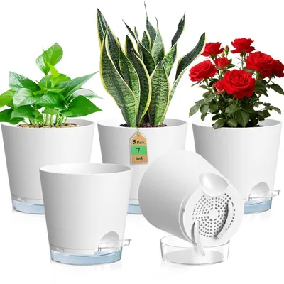 Produktbild von Selbstbewässerungstopf 5er Set Kunststoff Ø 17,8 cm Weiß mit Wasserstandsanzeige