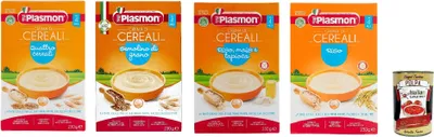 Produktbild von Testpaket Plasmon Crema di Cereali riso, mais e tapioca, semolino di grano , Quattro Cereali 4x 230g + Italian gourmet polpa 400g