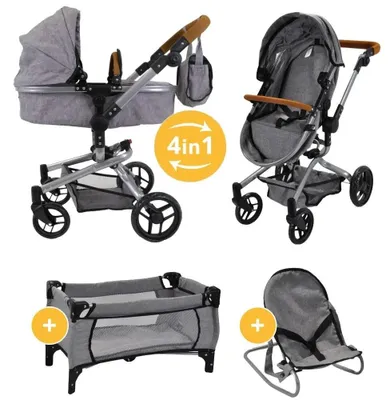 Produktbild von Bandits and Angels Modern Angel 4-in-1 Retro Grey Megapack  Puppenwagen ab 3 Jahren für Mädchen – Spielzeug-Kinderwagen, Buggy, Puppenbett und Wippe – Rollen – mit Wickeltasche – grauer Puppenwagen