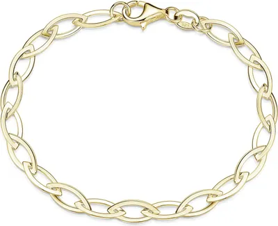 Breites Damen Armband aus flachen und oval spitzen Gliedern aus vergoldetem Silber mit Karabinerverschluss.