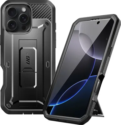 Two views of a black smartphone case with a kickstand, one showing the back and the other showing the front with the phone inside.