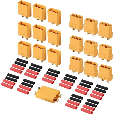 Immagine prodotto di 10 coppie di connettori XT90 maschio-femmina | Alta qualità per batterie RC LiPo, droni, aeroplani | Inclusi 40 tubi termoretraibili, giallo rosso nero