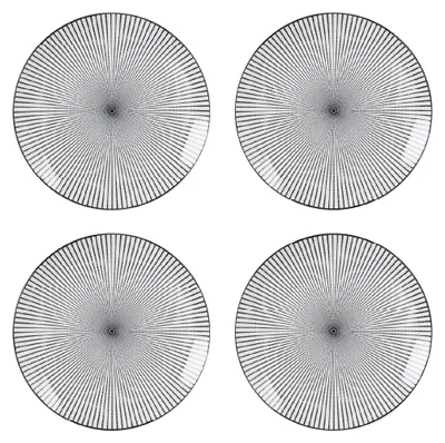 Four black and white patterned plates arranged in a 2x2 grid on a white background.