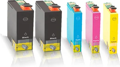 Four ink cartridges are lined up diagonally against a white background.