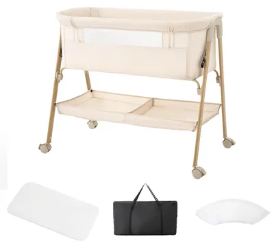 Produktbild von Babybett 3-in-1 - Beistellbett & Laufstall - Klappbar - Höhenverstellbar - Mit Rädern - Mit Moskitonetz - Weiß