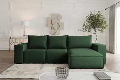 Produktbild von Ecksofa mit Schlaffunktion ESTELLE Stoff Opera Velvet Dunkelgrün Ottomane Rechts