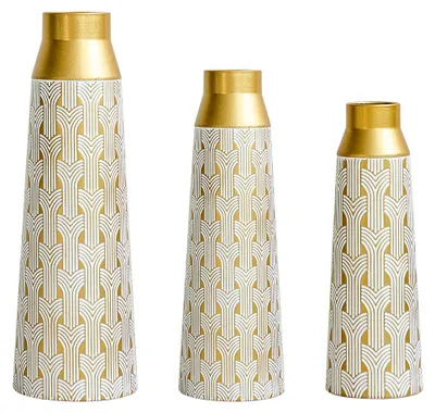 Produktbild von Goldene Bodenvase 3er Set, Moderne Metall Vase mit geometrischem Muster, 42/51/60,5 cm Groß Dekovase für Wohnzimmer, Esszimmer, Trockenblumen & Pampasgras