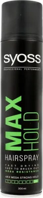 A black aerosol can of hairspray with green and white text.