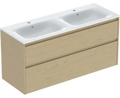 Produktbild von Geberit Renova Plan Set Doppelmöbelwaschtisch schmaler Rand, mit Unterschrank, zwei Schubladen: 130x62.1x48cm, Breite Waschtisch=130cm, Waschtisch: weiß, Korpus, Front: Eiche natur / Melamin Holzstruktur