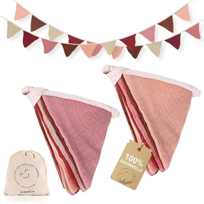 Image de Guirlande de fanions pour chambre d'enfant, décoration rose, en mousseline de coton, lot de 2, 270 cm