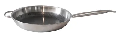 A stainless steel frying pan with a helper handle is shown against a white background.