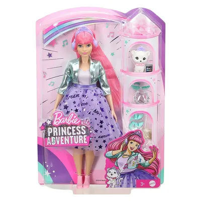 Image de Barbie Princesses Aventure Daisy Poupée (cheveux roses) avec petit chien, poupée à habiller