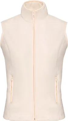 A front view of a cream-colored fleece vest.
